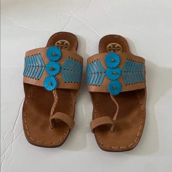 Tory Burch Brown and Blue Sandals with Tribal Design size 8 - Picture 1 of 4